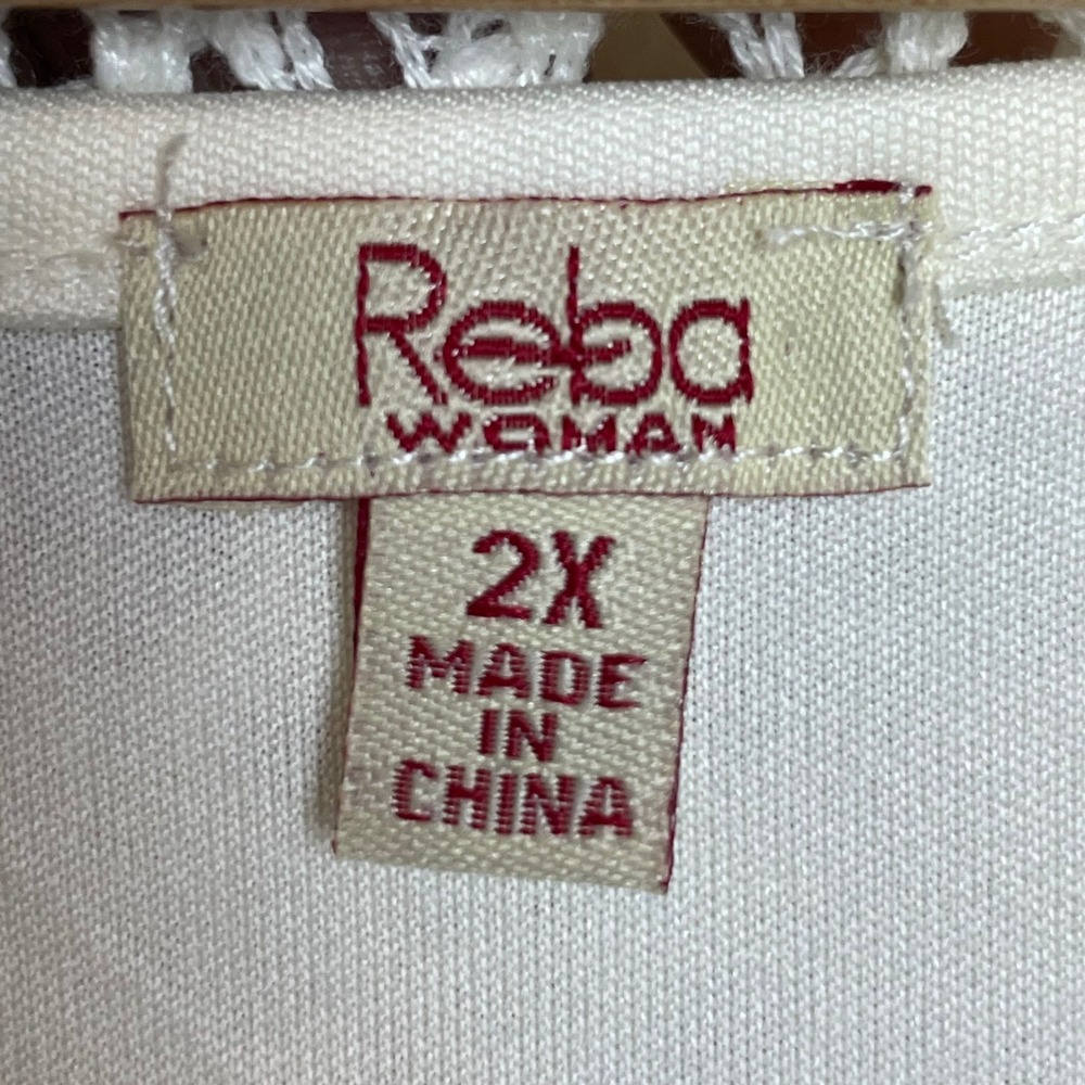 Reba Woman Crochet Tunic Top Cream‎ White Lace Up V Neck 3/4 Sleeve Plus Size 2X - Picture 3 of 9